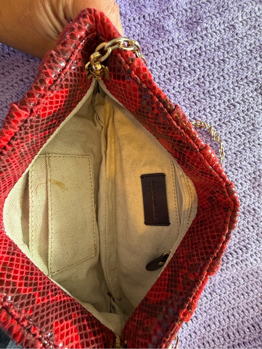Antoni Melani Red Snakeskin Embossed Clutch Purse Gold Chain Evening Bag Handbag - Picture 3 of 5